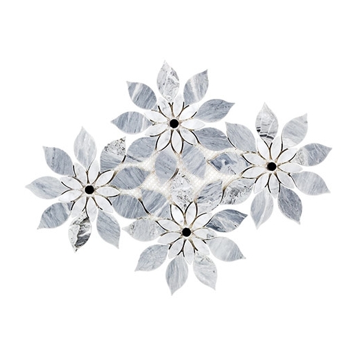 Soho Studio MJ Rain Flower-Bardiglio Nouvelato, White Carrara w/ Black Jade Dot Floral Tile- MJRNFLRBDWTCBJD