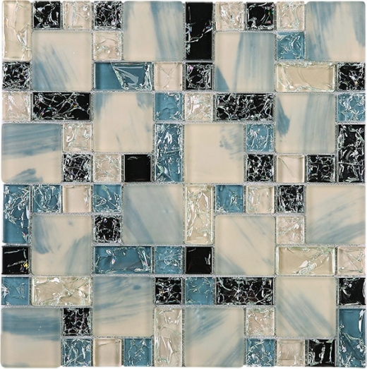 Crushed Ink Blue and White and Black Square Glass Mosaic Tile JCES4