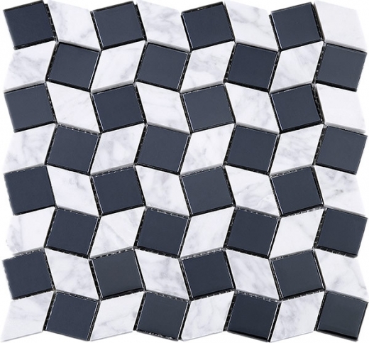 Geometry Diamond Shape White Carrara and Black Glass Mosaic Tile Polished JGY4