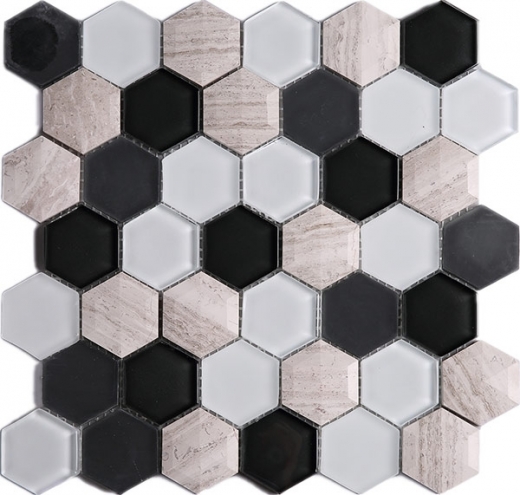 Wooden Grey and Black 3D Hexagon Glass Mosaic Tile JH3D2