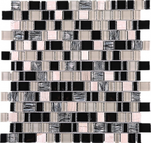 Random Offset Beige Beige and Black Glass Stone Mosaic Tile JIST3