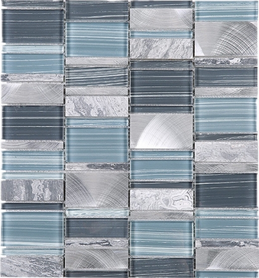 Random Offset Blue Brick Blue Glass Stone and Aluminum Mosaic Tile JIST6
