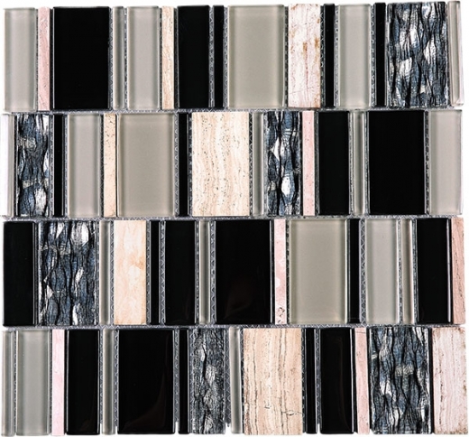 Random Offset Beige Brick Beige and Black Glass Stone Mosaic Tile JIST7