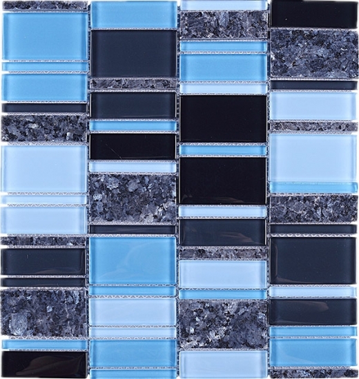 Random Offset Blue Grey Brick Black Glass Grey Stone Mosaic Tile JIST8