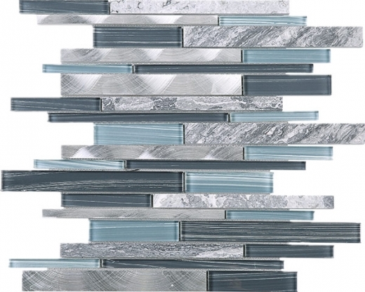 Grey Slender Blue Glass Aluminum and Stone Interlocking Mosaic Tile JIST10
