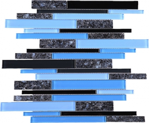 Blue Slender Blue and Black Glass Grey Stone. Interlocking Mosaic Tile JIST12