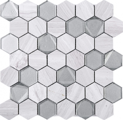 Hexagon Wooden Grey and Grey Glass and Stone Mosaic Tile JPHAN3