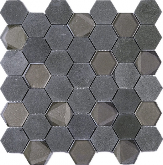 Hexagon Black Marble and Black Glass and Stone Mosaic Tile JPHAN5
