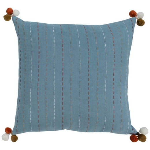 Surya Dhaka Blue Strips Thread Pom Poms Scandinavian Throw Pillow DH003