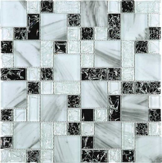 Crushed Ink White and Black Square Glass Mosaic Tile JCES3