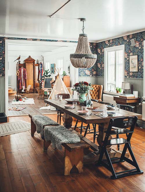 home-decor-dining-room-Modern-Midcentury-wallpaper-flower-statement-pendant-light