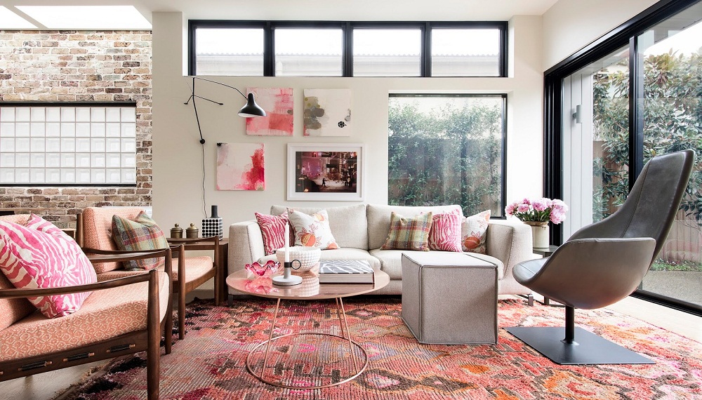 living-room-sun-room-eclectic-rug-mid-modern-century-tribal-pink