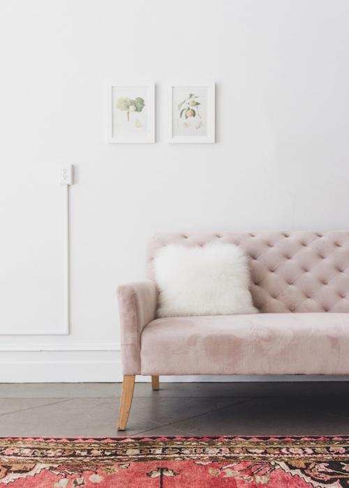 midcentury-pink-velvet-couch-oriental-rug-1